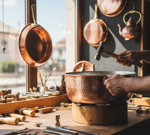 Bakır ustası çekiçle el yapımı tencere döverken.
