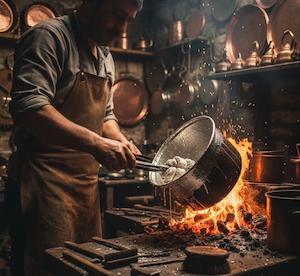 Geleneksel kalay ustası, ateşte bakır tencere kalaylama işlemi yapıyor, yüzü görünmüyor