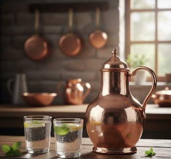 Temiz ve yansıtıcı yüzeye sahip el yapımı bakır su sürahisi ve bakır su bardağı