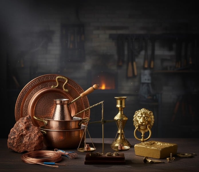 Bakır ve pirinç alaşımı örnekleri, kırmızımsı bakır ve altın sarısı pirincin yan yana karşılaştırması