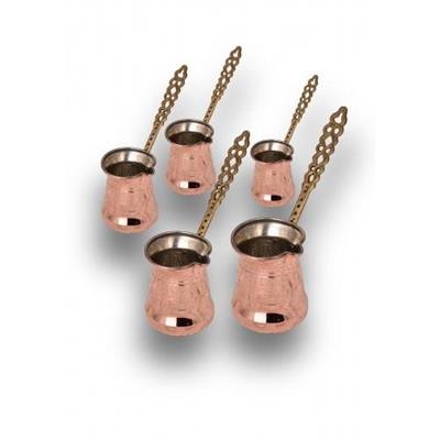 Turna Copper Sultan Coffee Pot Set of 5 Thin Brass Handle Machine Forged Red Turna1205-1