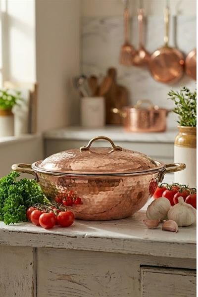 Turna Bakır Wok Tava 25 Cm Kapaklı El Dövme Kırmızı Turna4812-1