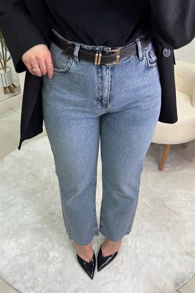 DERİ KEMERLİ YIKANMIŞ STRAİGHT  KESİK PAÇA JEAN