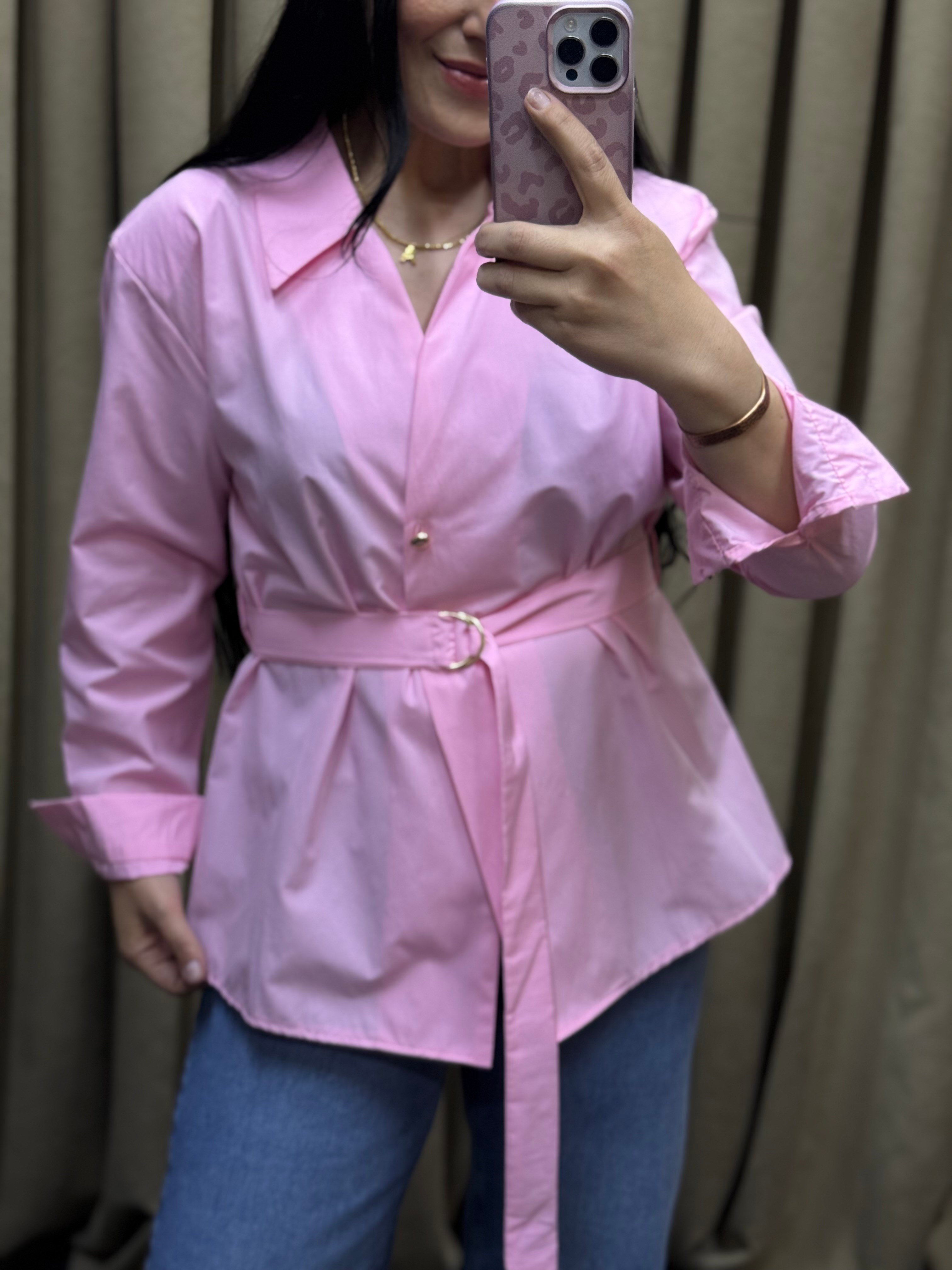  Lina Kemer Detaylı Poplin Pembe Gömlek