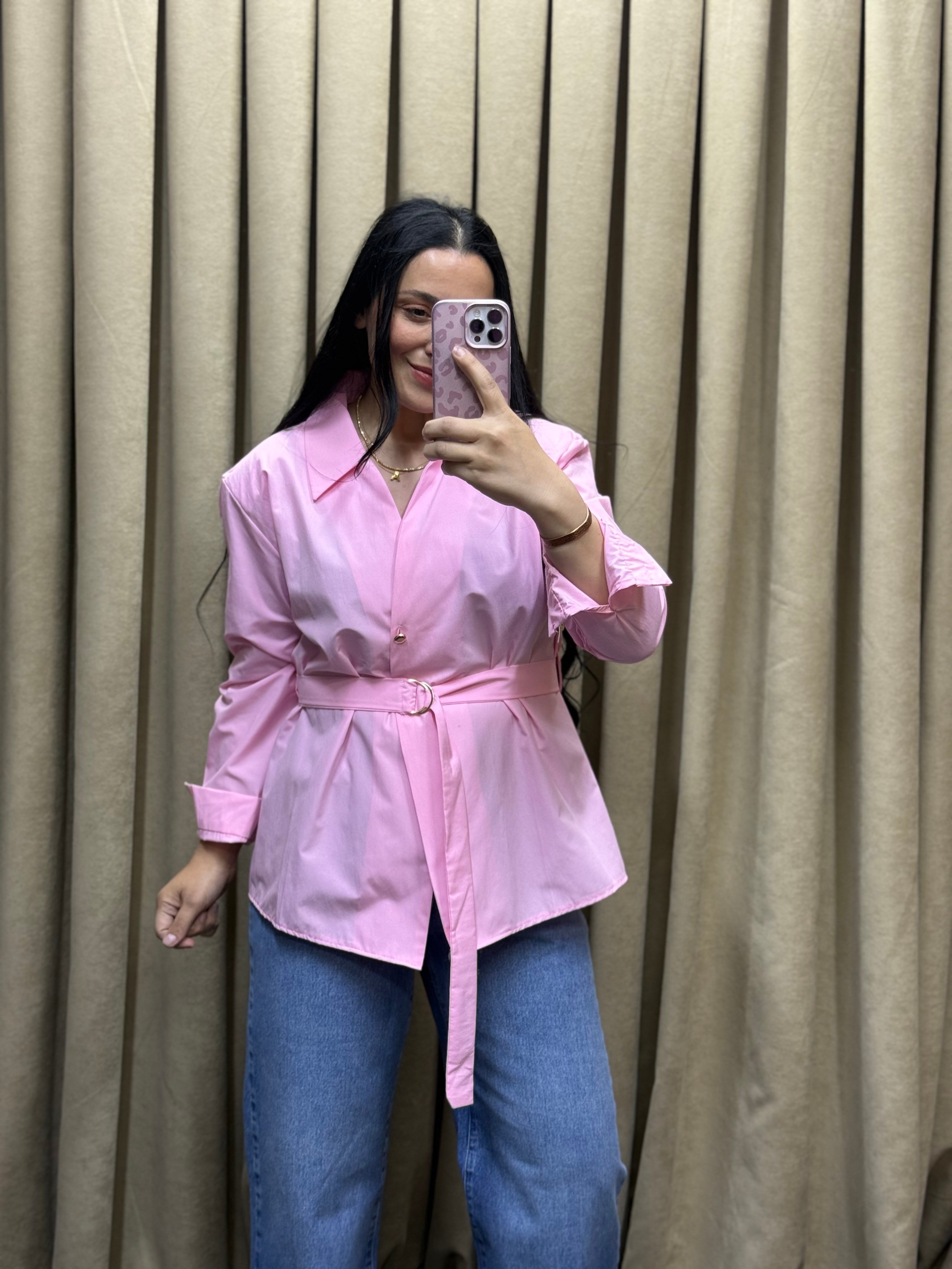  Lina Kemer Detaylı Poplin Pembe Gömlek