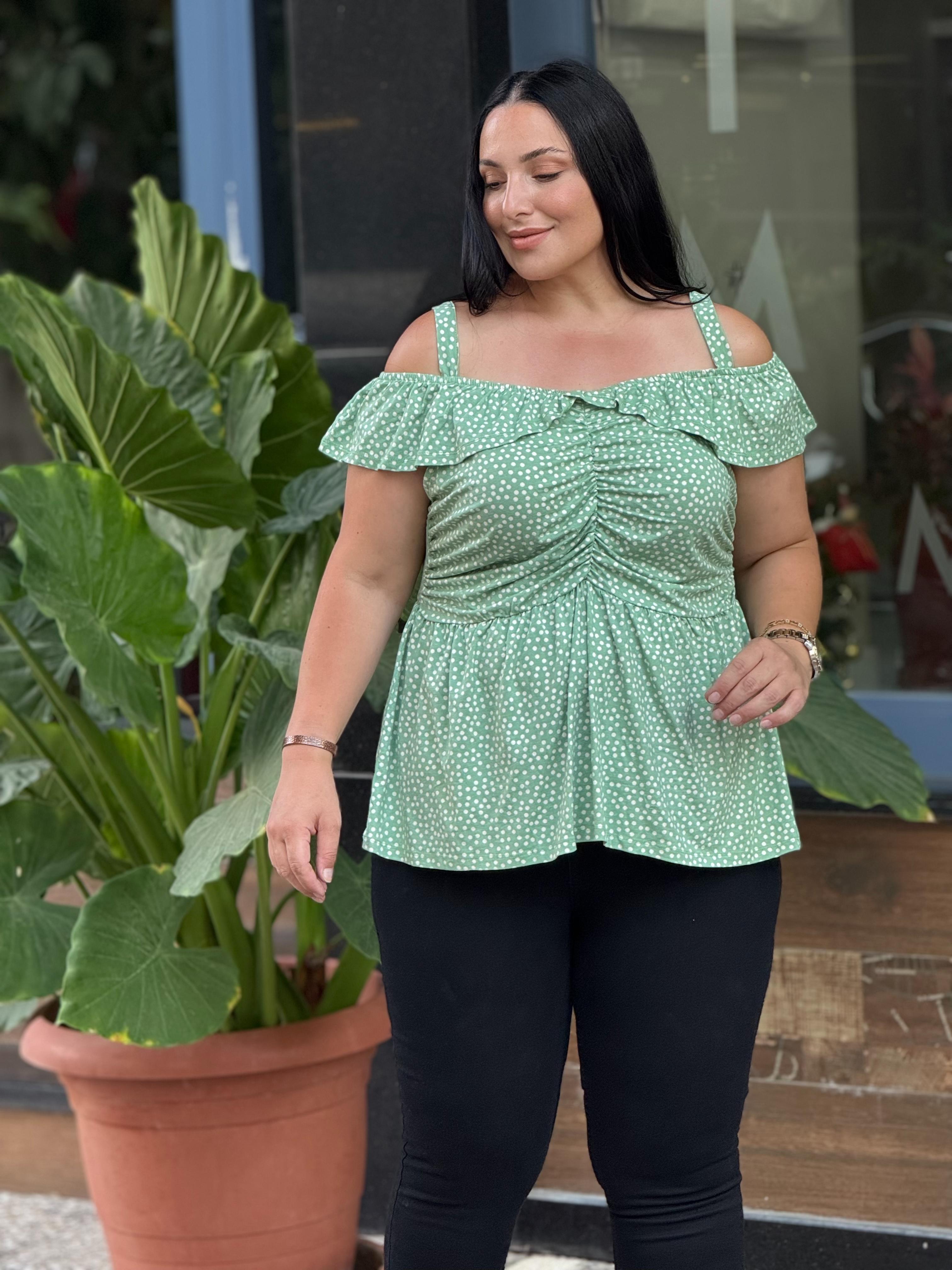 ASKILI DÜŞÜK OMUZYEŞİL BLUZ