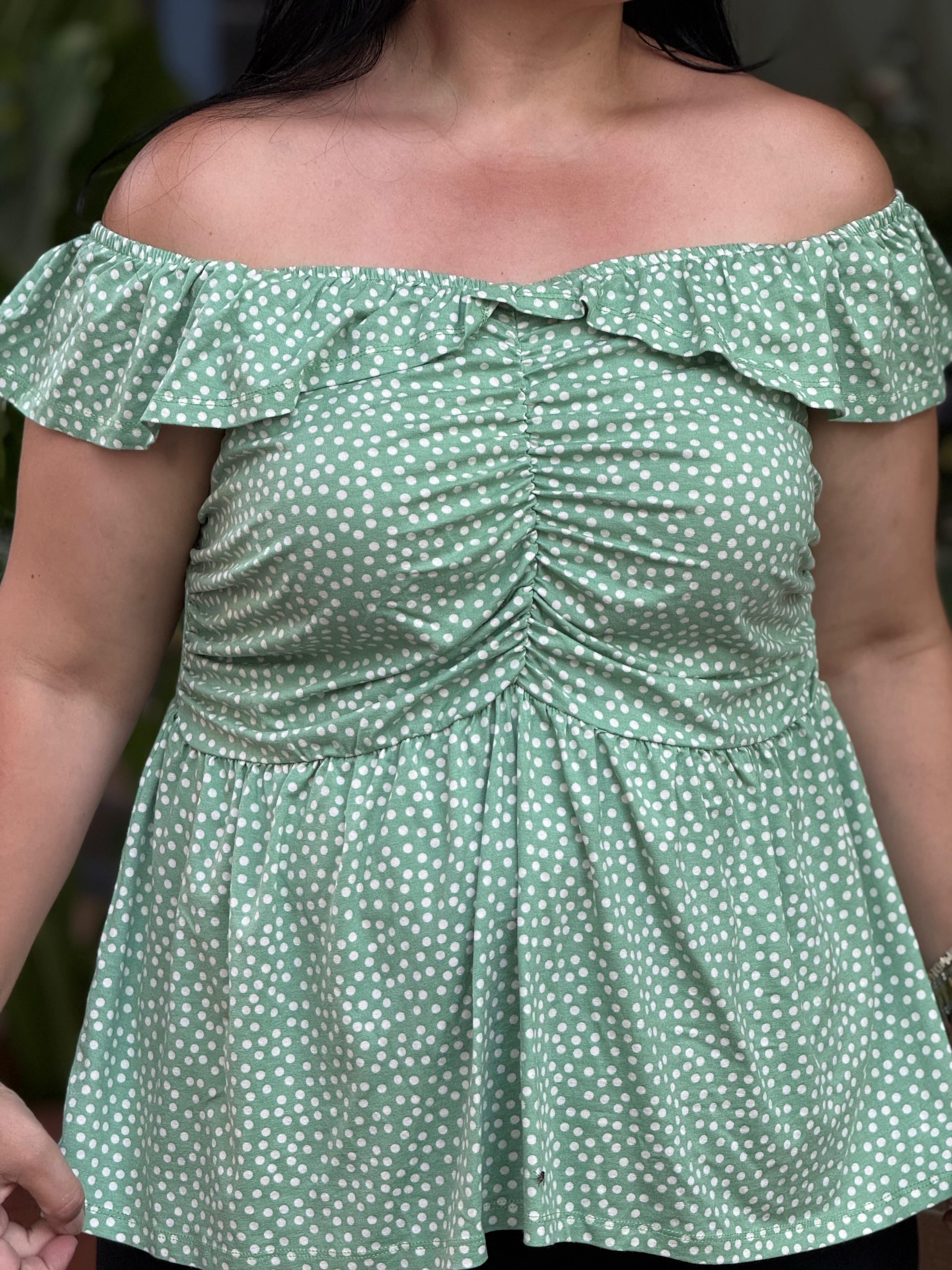 ASKILI DÜŞÜK OMUZYEŞİL BLUZ