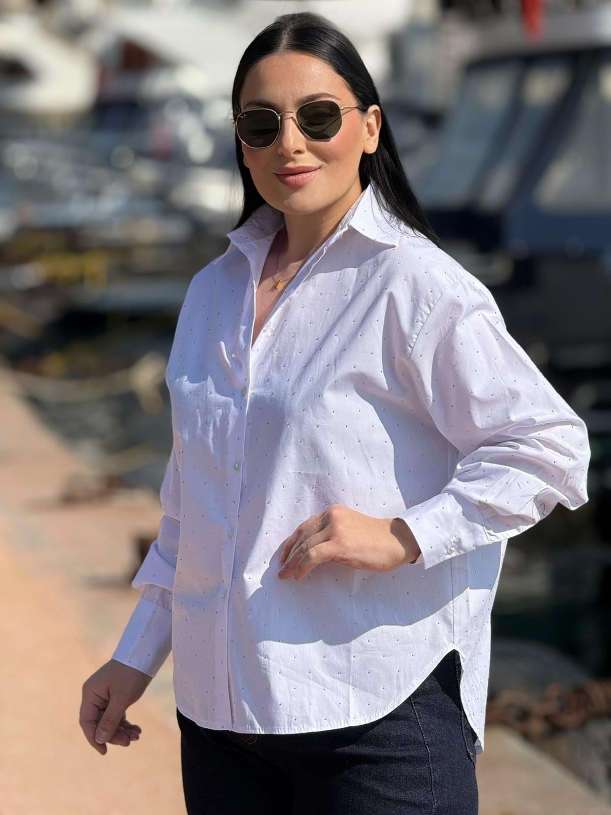 Crystal Taşlı Beyaz Gömlek 