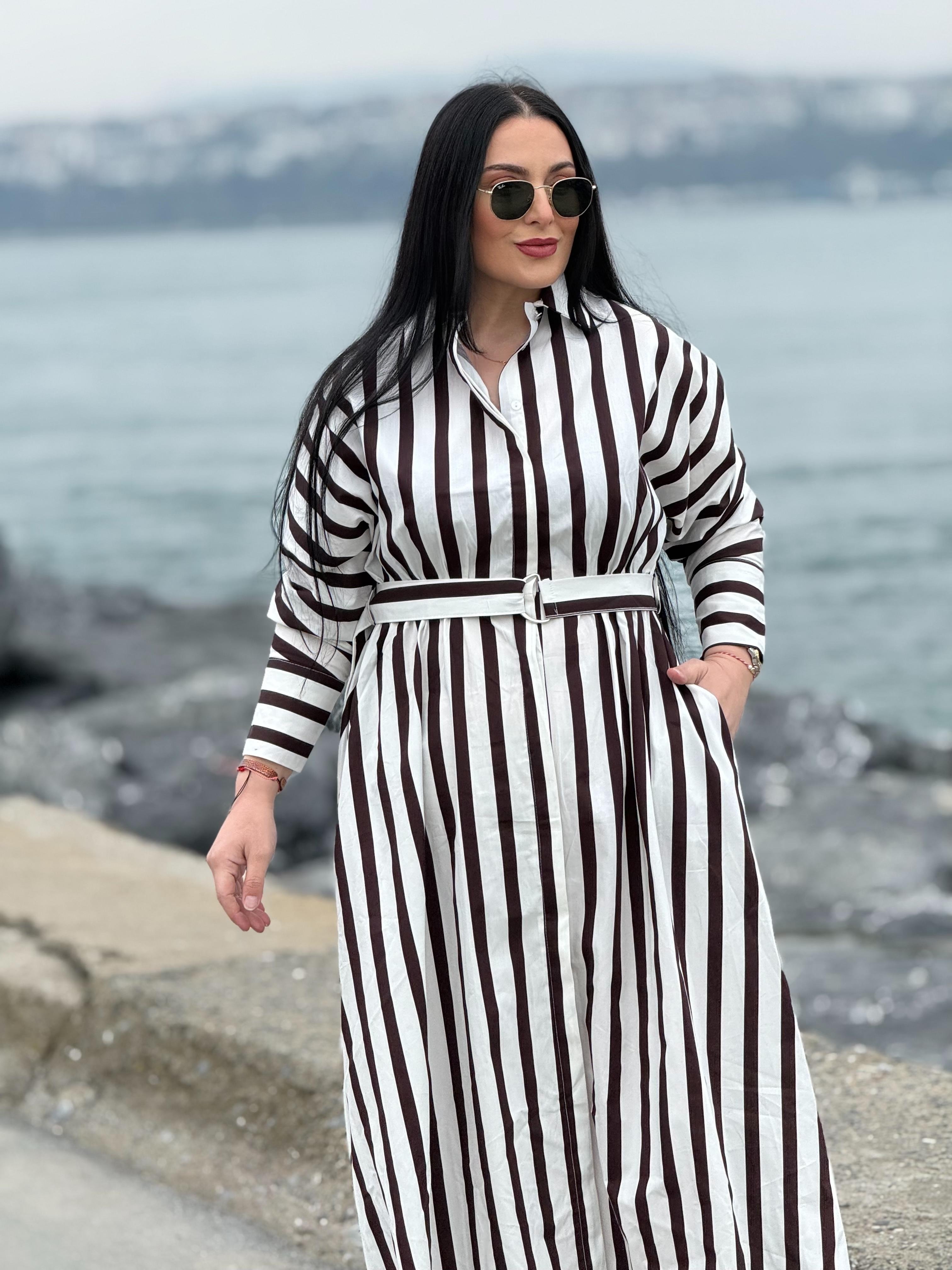 Marliyn Kahverengi Beyaz Çizgili Elbise