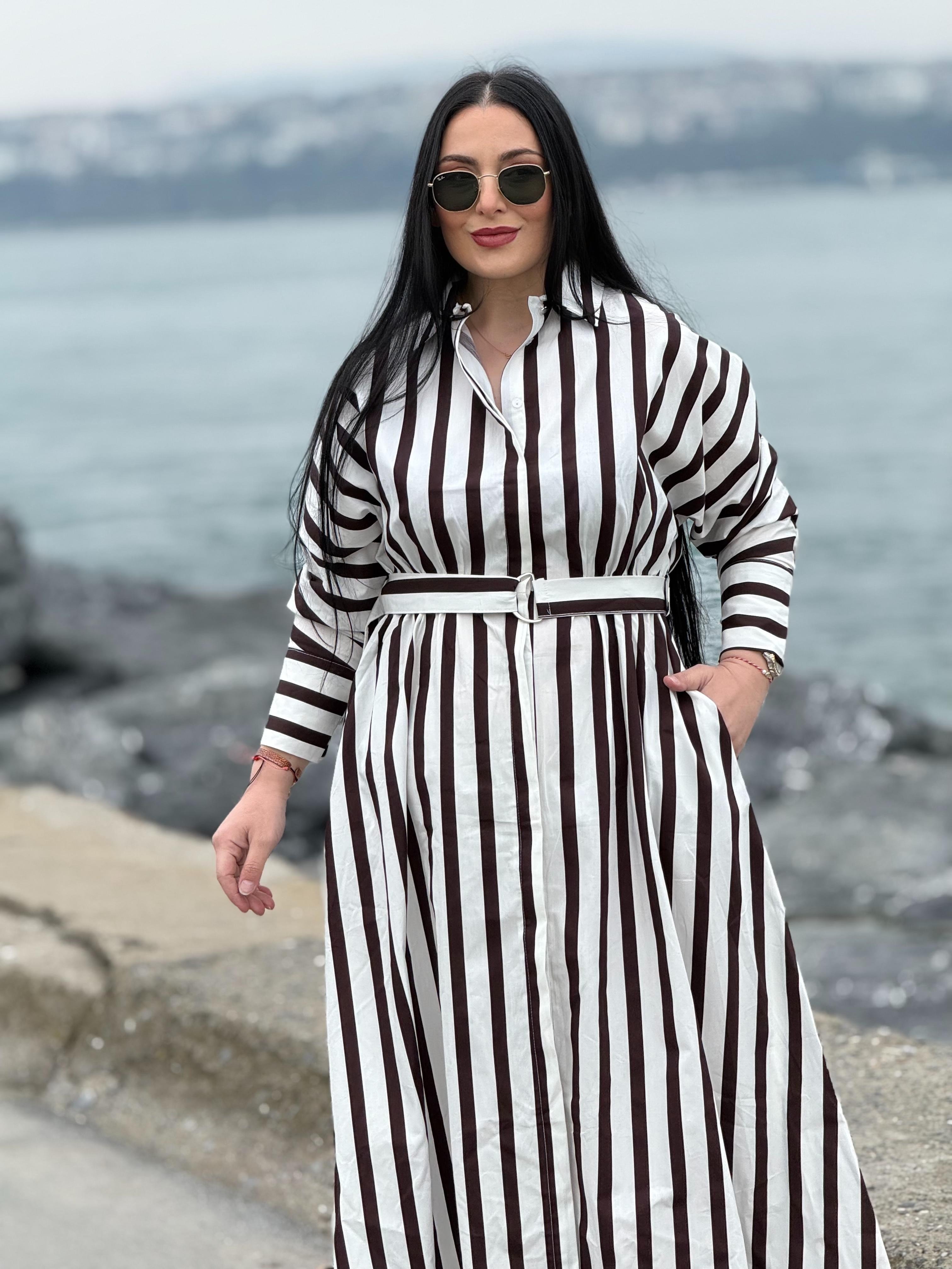 Marliyn Kahverengi Beyaz Çizgili Elbise