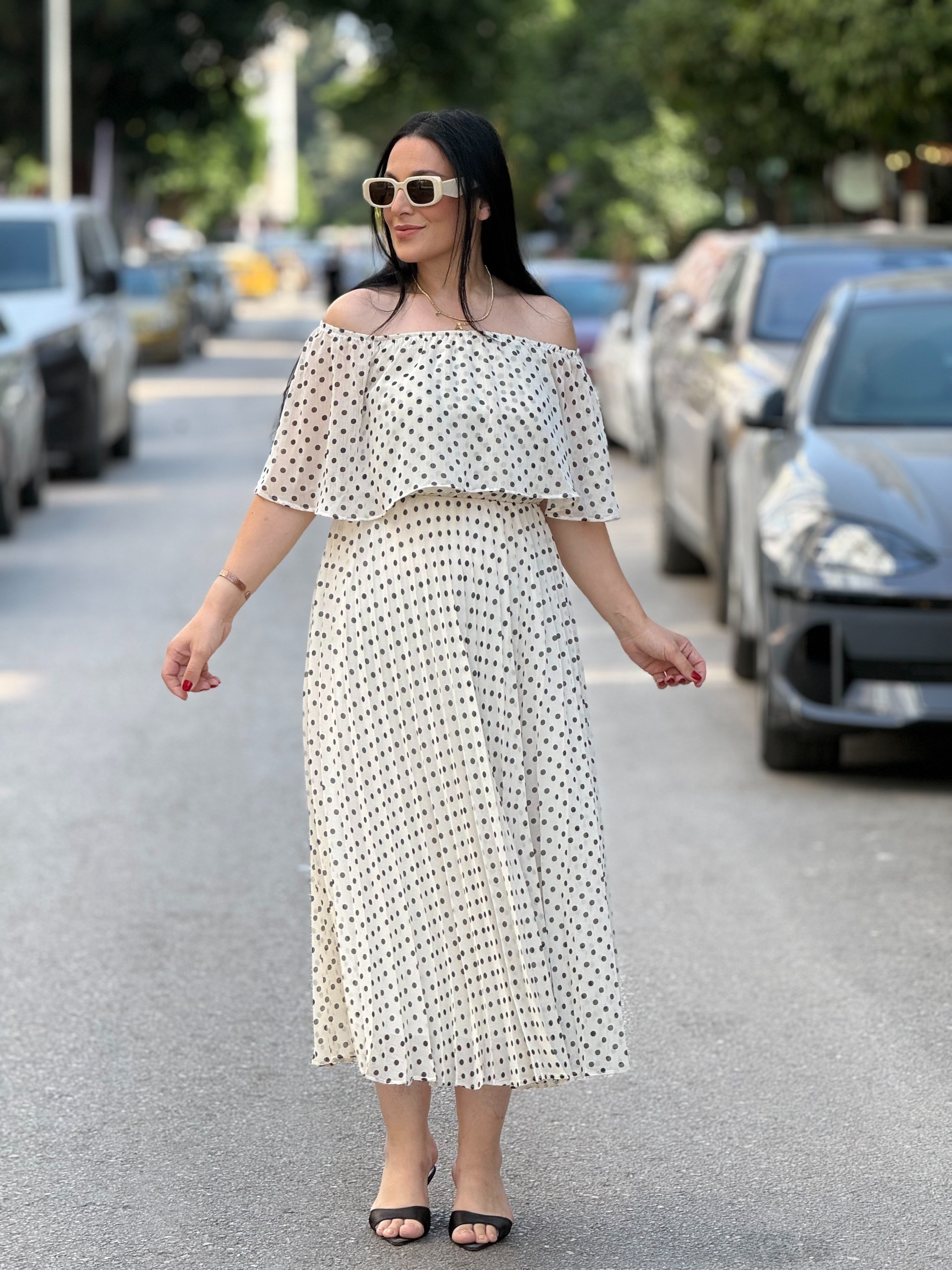 MILENA Puantiye Elbise Ekru 