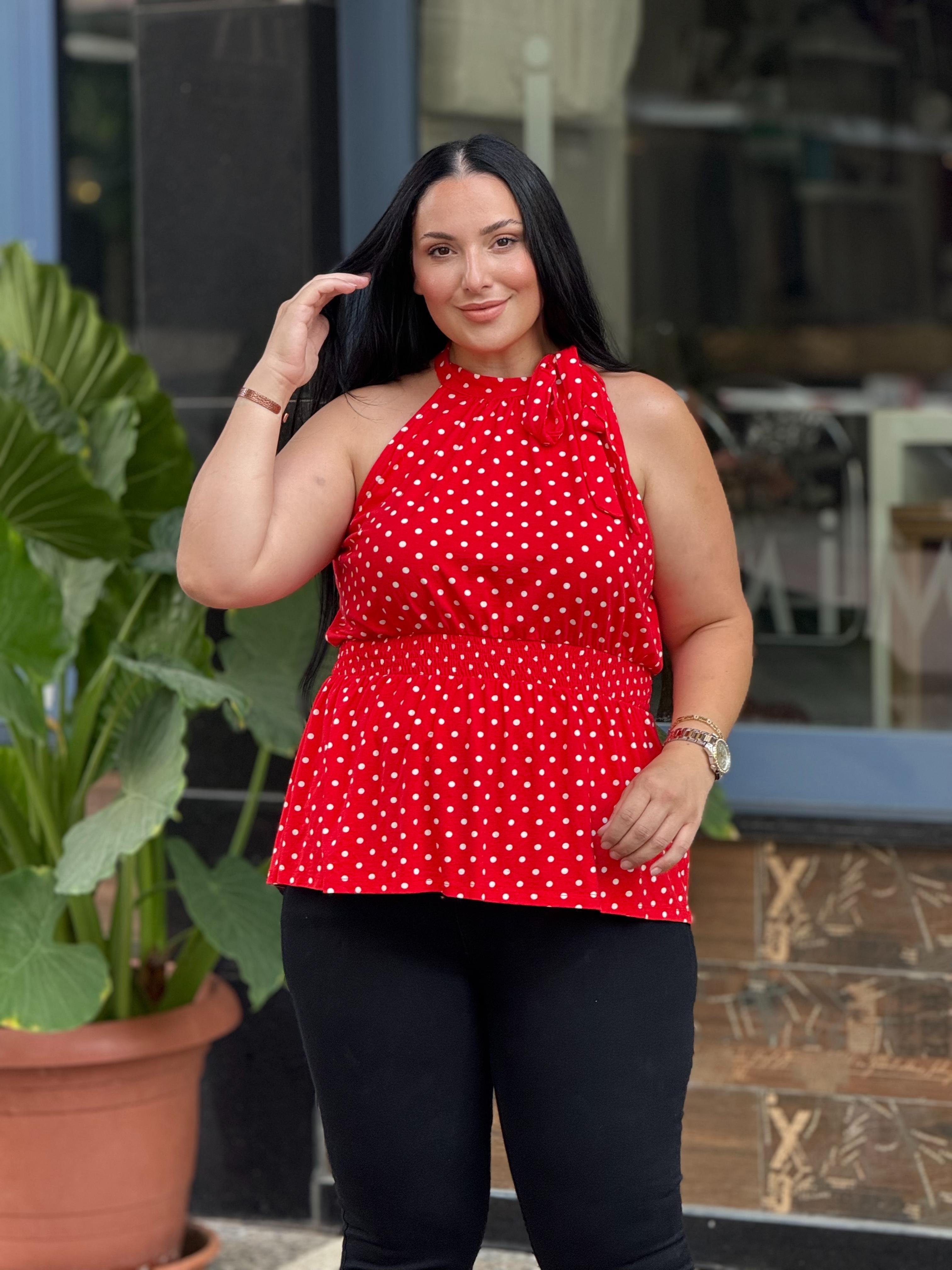 PUANTİYELİ TASARIM KIRMIZI BLUZ