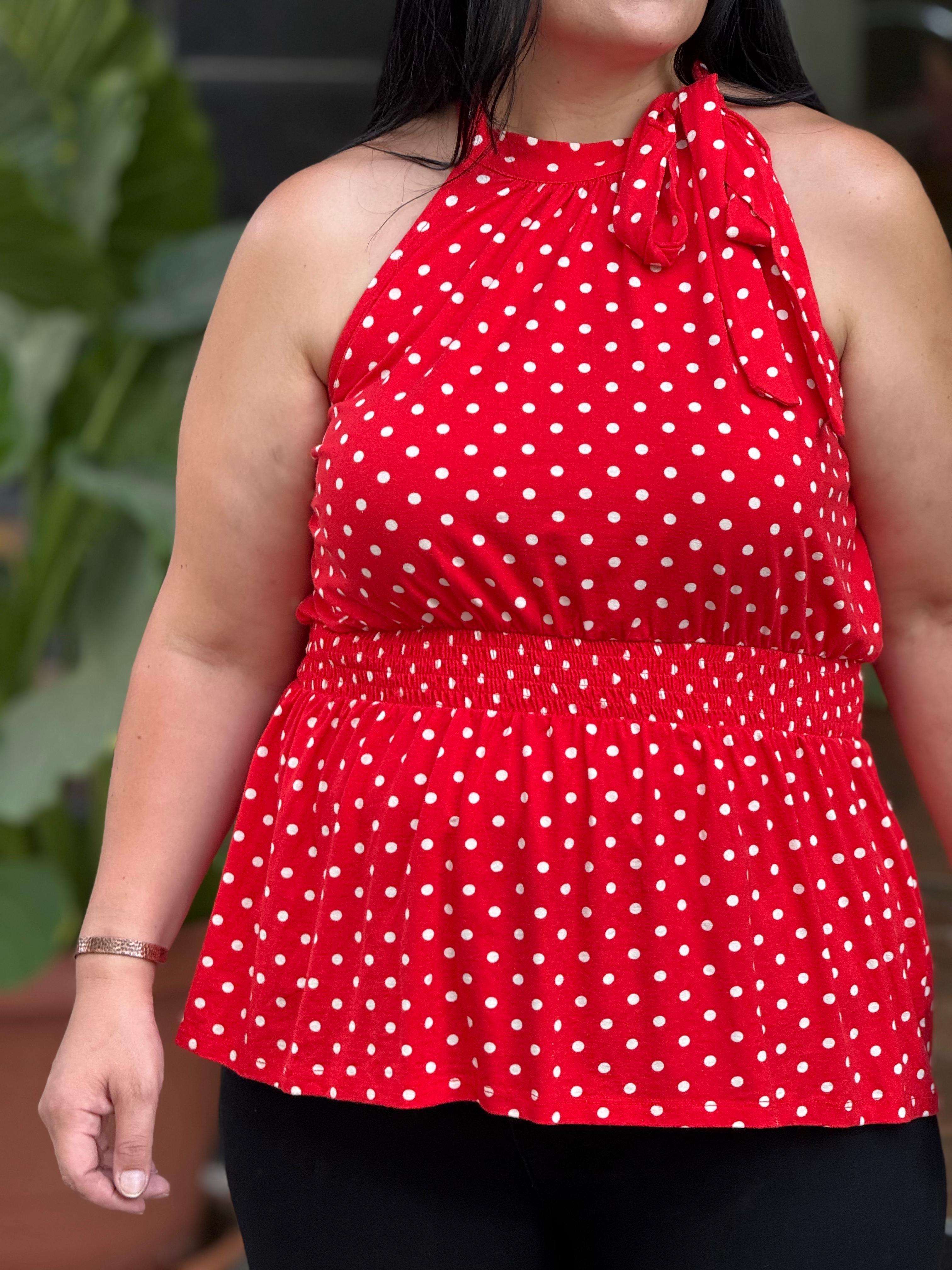 PUANTİYELİ TASARIM KIRMIZI BLUZ