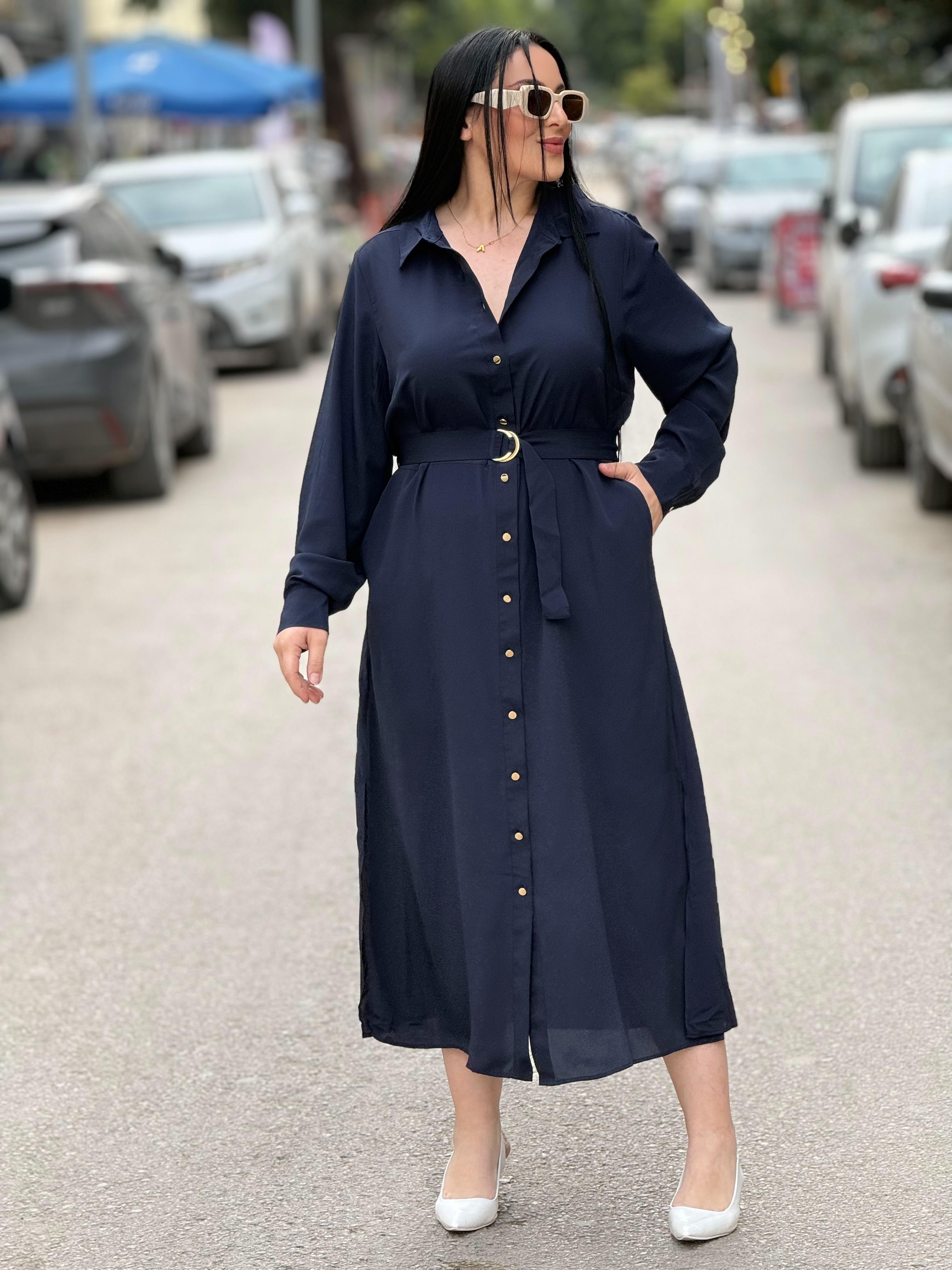 Riva Lacivert Midi Elbise