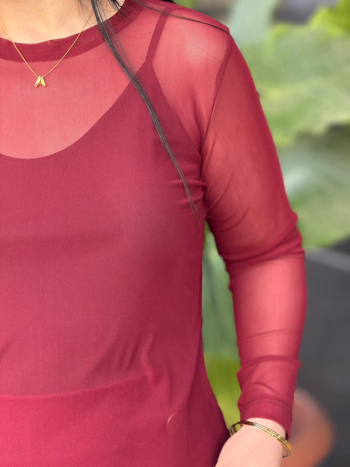 Scarlet Bordo Tül Bluz