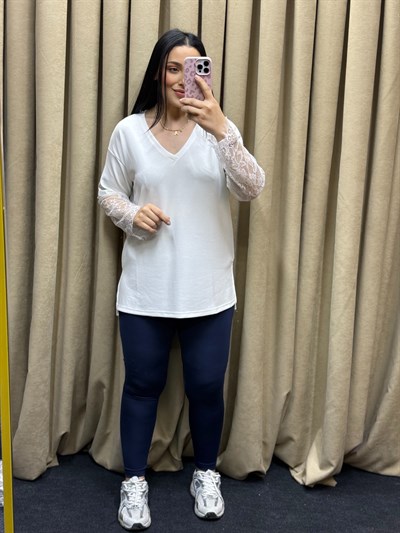  Dantel Kol V Yaka Beyaz Bluz
