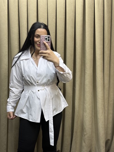  Lina Kemer Detaylı Poplin Beyaz Gömlek