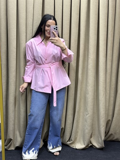  Lina Kemer Detaylı Poplin Pembe Gömlek