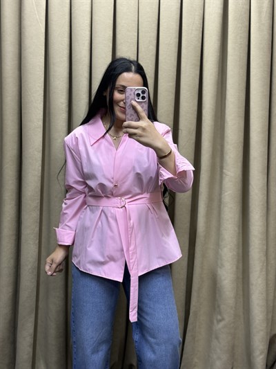  Lina Kemer Detaylı Poplin Pembe Gömlek