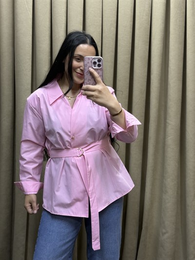  Lina Kemer Detaylı Poplin Pembe Gömlek