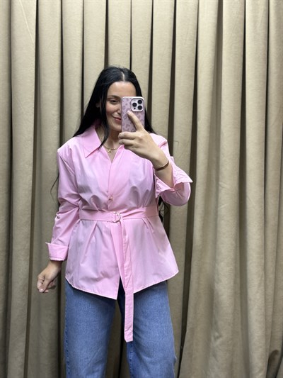  Lina Kemer Detaylı Poplin Pembe Gömlek