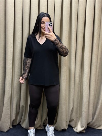 Aura Dantel Kol V Yaka Siyah Bluz