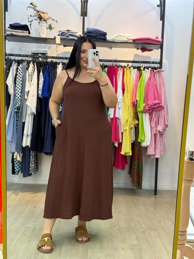 GOFRE ASKILI KAHVERENGİ ELBİSE