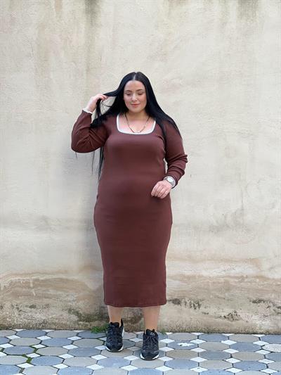 KAŞKORSE ÇİZGİLİ KAHVERENGİ ELBİSE 