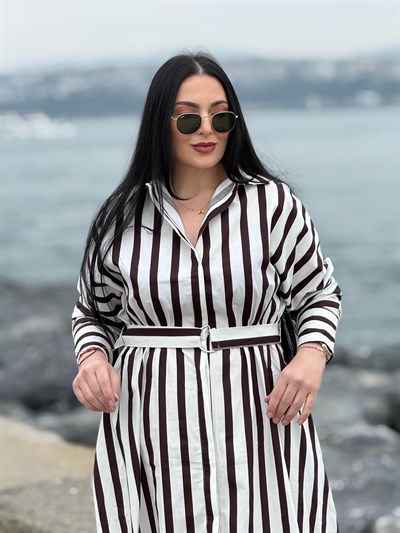 Marliyn Kahverengi Beyaz Çizgili Elbise