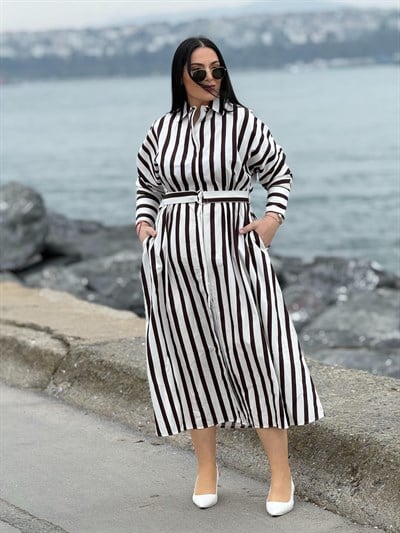 Marliyn Kahverengi Beyaz Çizgili Elbise