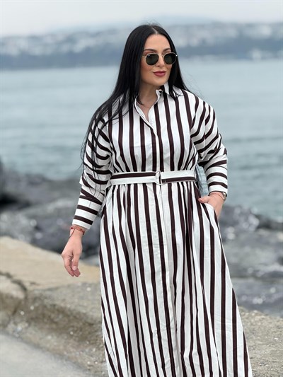 Marliyn Kahverengi Beyaz Çizgili Elbise