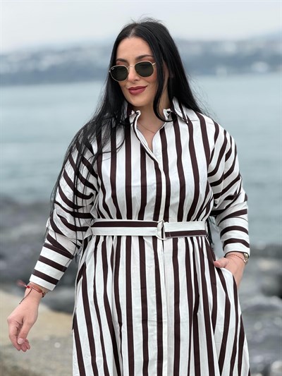 Marliyn Kahverengi Beyaz Çizgili Elbise