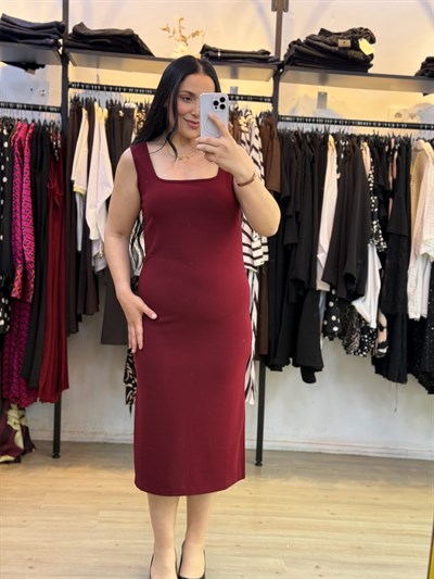 Noir Kare Yaka Midi Bordo Elbise