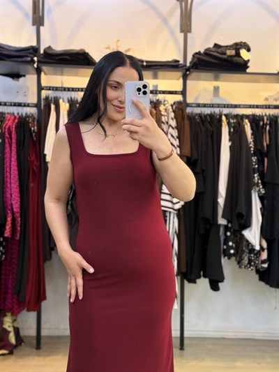 Noir Kare Yaka Midi Bordo Elbise