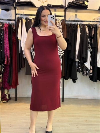Noir Kare Yaka Midi Bordo Elbise