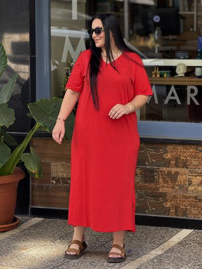 V YAKA BASİC KIRMIZ ELBİSE
