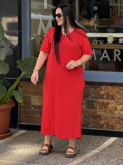 V YAKA BASİC KIRMIZ ELBİSE