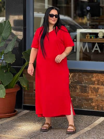 V YAKA BASİC KIRMIZ ELBİSE