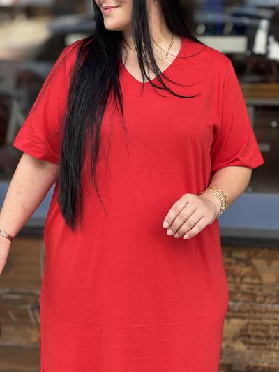 V YAKA BASİC KIRMIZ ELBİSE