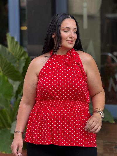 PUANTİYELİ TASARIM KIRMIZI BLUZ