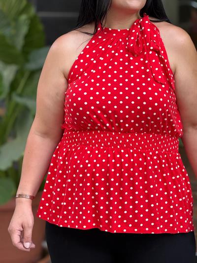 PUANTİYELİ TASARIM KIRMIZI BLUZ