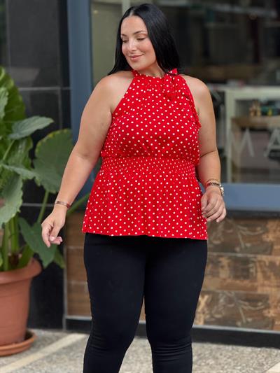 PUANTİYELİ TASARIM KIRMIZI BLUZ