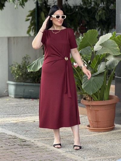 RUBINA Broş Detay Elbise Bordo