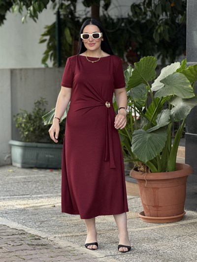 RUBINA Broş Detay Elbise Bordo