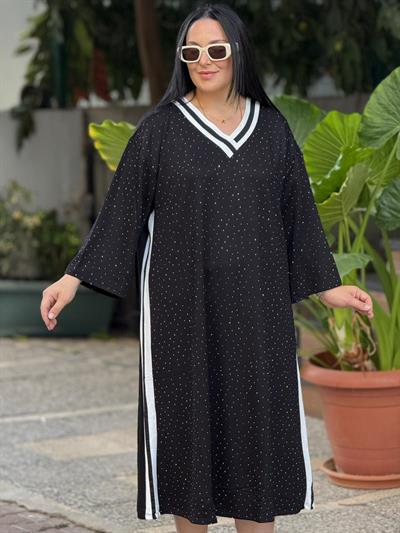 Yıldız Tozu Şeritli Siyah Elbise