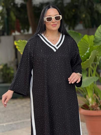 Yıldız Tozu Şeritli Siyah Elbise