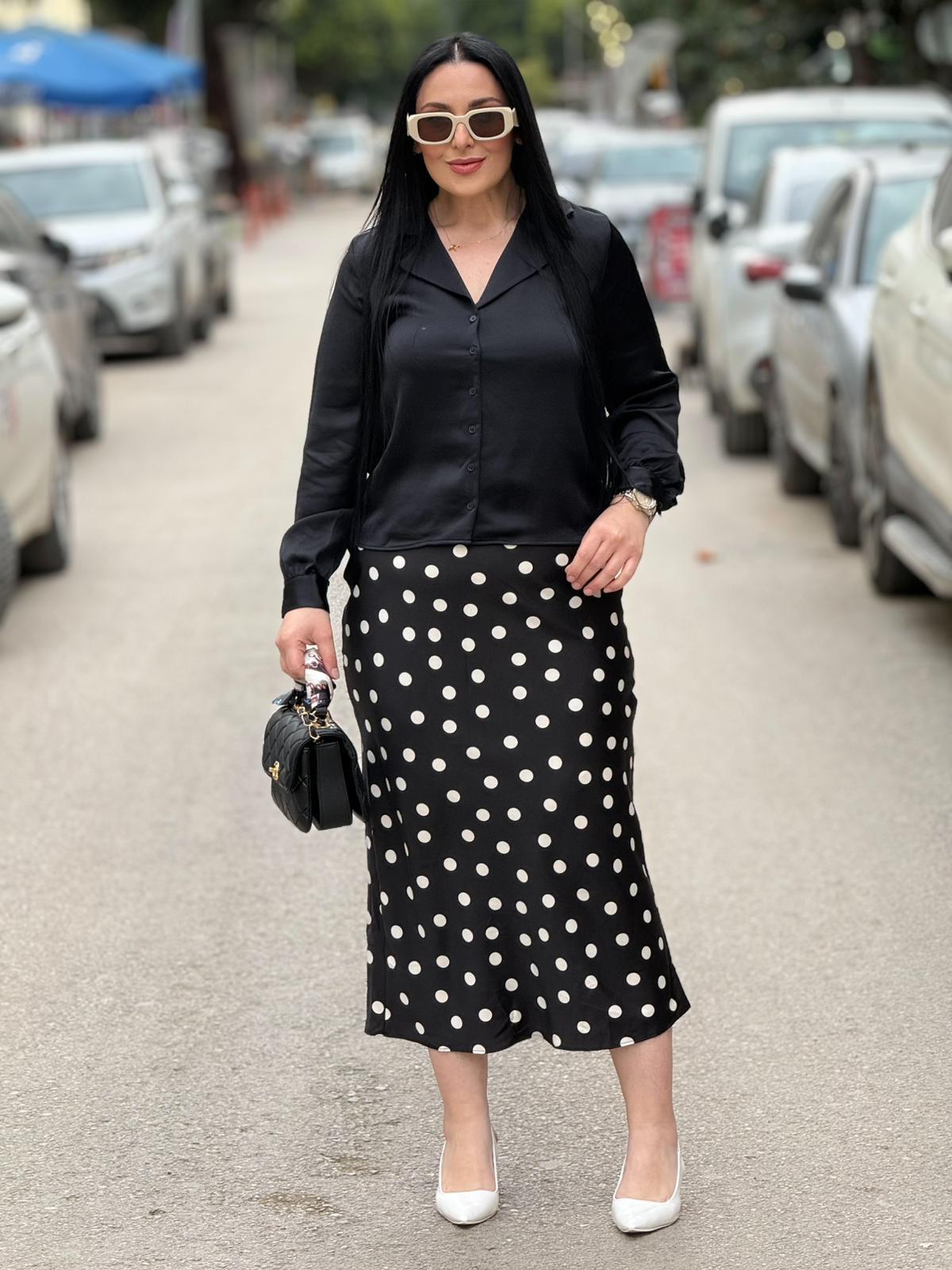 Dalia Puantiye Siyah Midi Etek