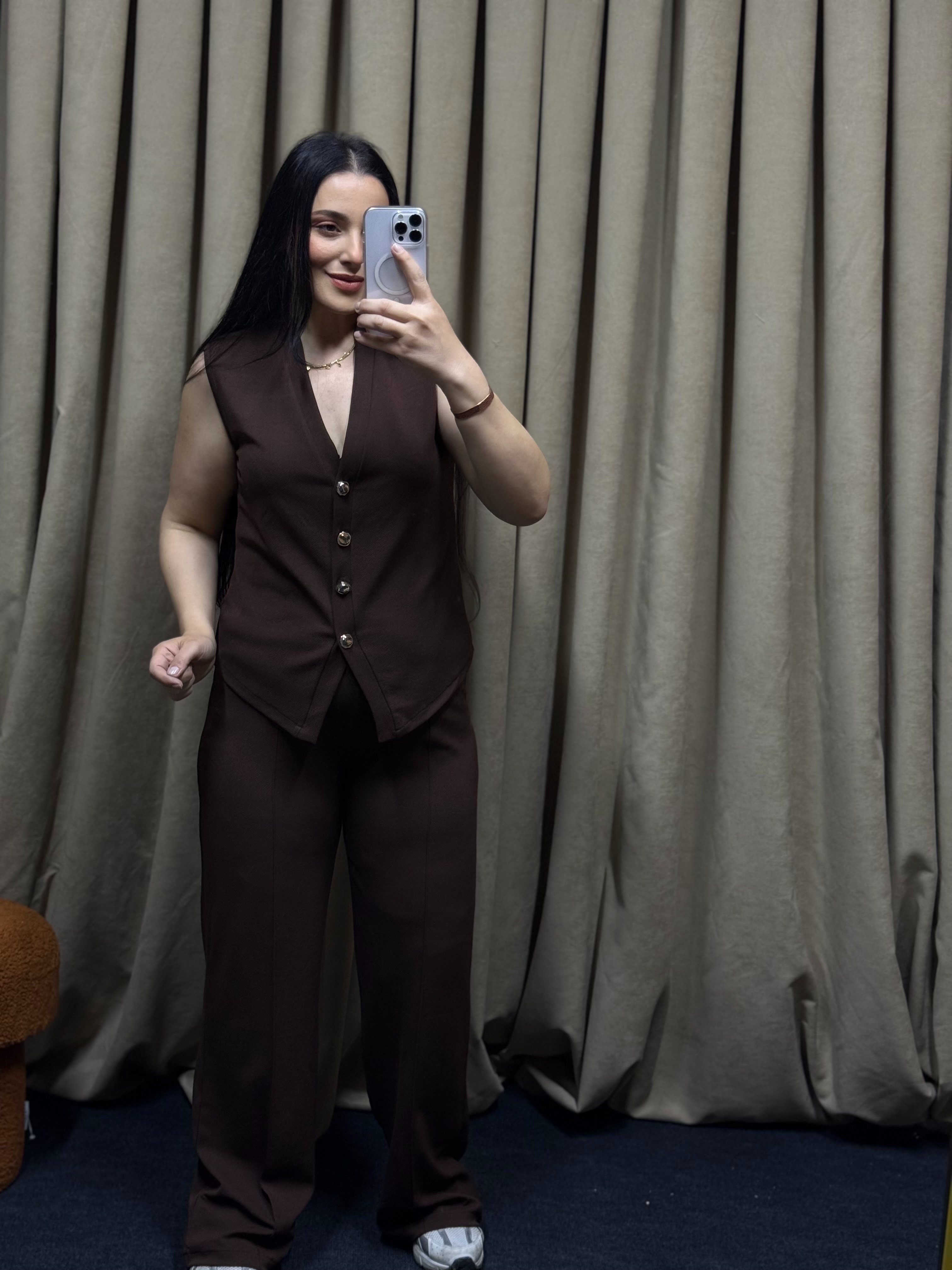 Luna Düğme Detaylı Kahverengi Takım