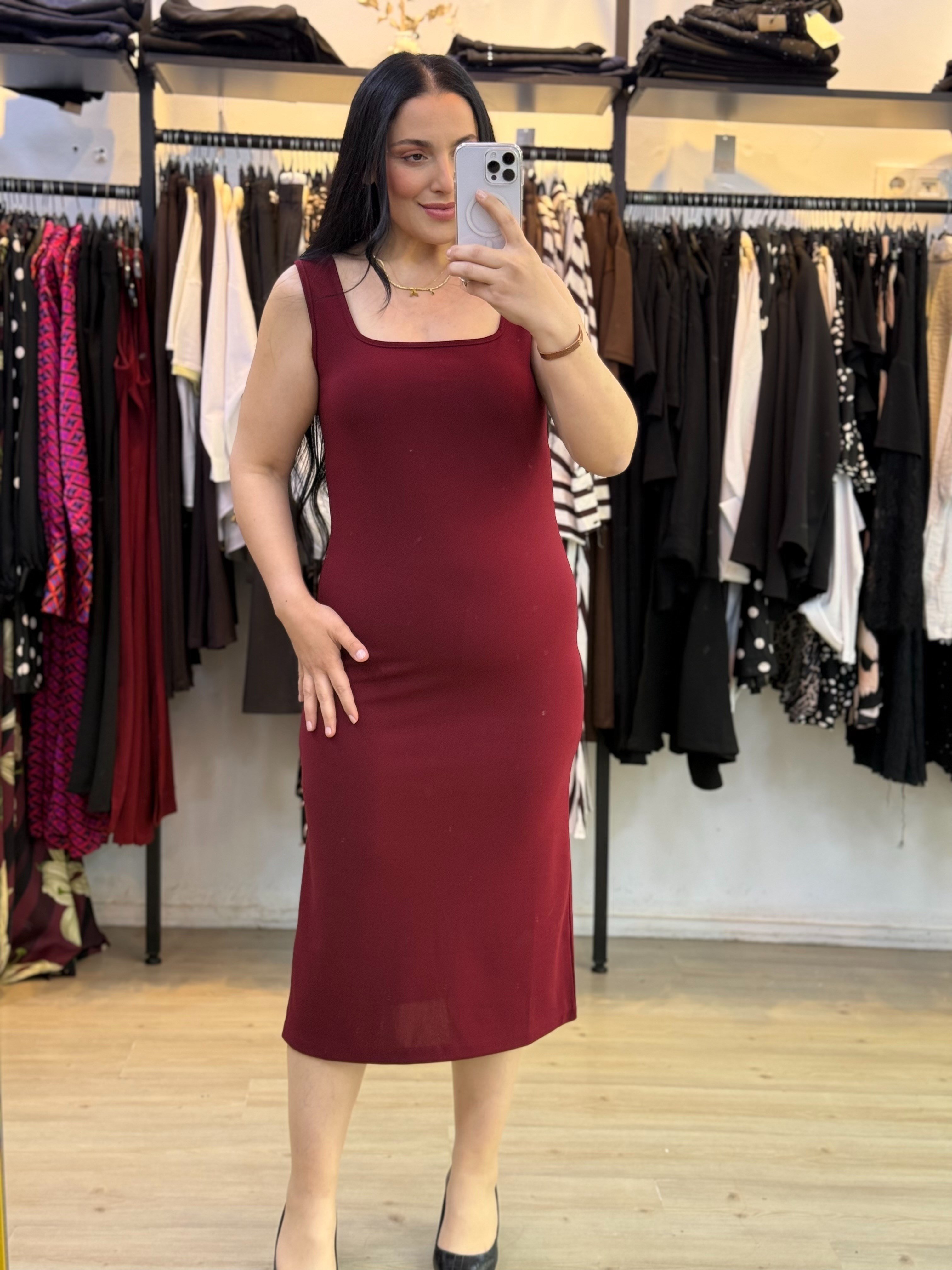 Noir Kare Yaka Midi Bordo Elbise