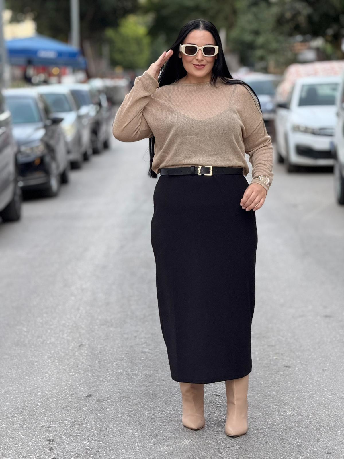 Nude Shine Siyah Krem Elbise